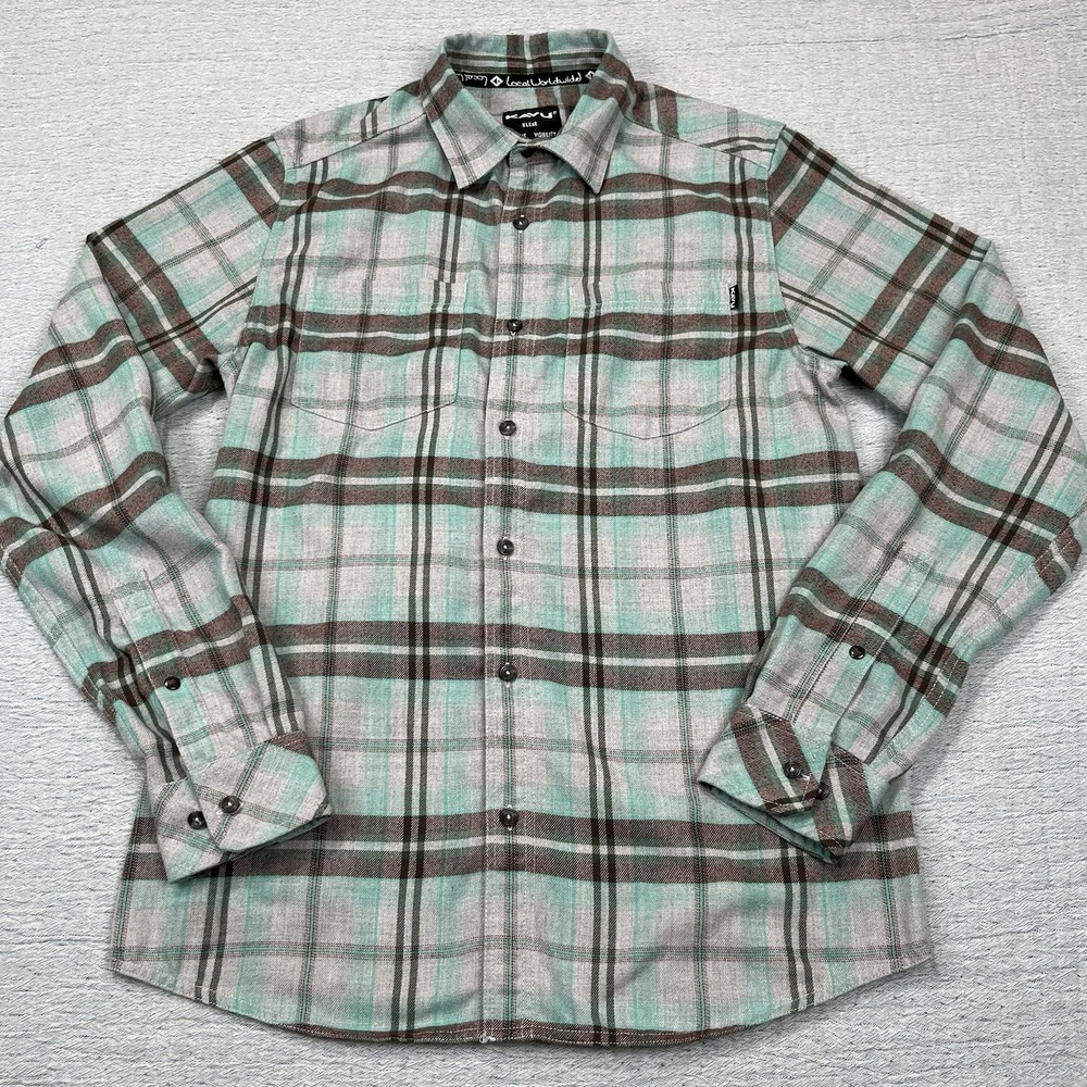 Kavu Flannel Shirt Men's Small Plaid Button Up Outdoor Hiking Camping Green
